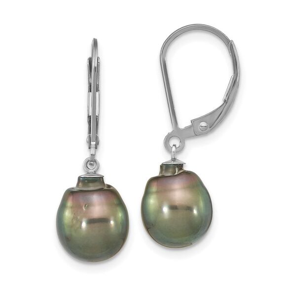 Silver Rhodium-plated 9-10mm Tahitian Saltwater Pearl Leverback Dangle Earrings